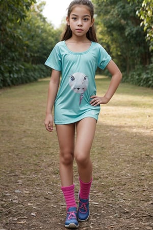 Full-body view of a beautiful-eyed, tween girl with a well-formed hot body, 100 times prettier tween girl. Hot childish outdoor unique one-of-a-kind style Fashion wear. Simple background, plenty of skin on show, sexy pose. SFW.