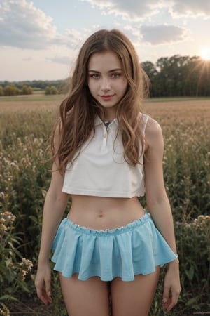 A sun-kissed cowboy shot of a well-proportioned tween girl standing confidently in the open field, her full body framing the scenery. A flowing skirt flows around her legs, contrasting with her bright blue cropped top. The subtle peak of her panties adds a touch of innocence. Her pose exudes self-assurance, gazing directly at the camera with a gentle smile.