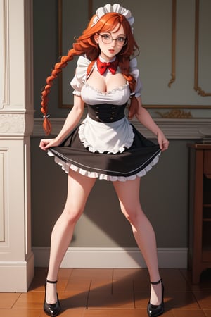 cat girl, french maid, sexy, long leags, heals, long braid, red_hair, ginger hair, glasses, maid dreas, mid sheart, maid skirt, full body, pull up skirt, looking_at_viewer