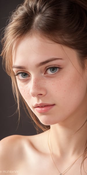 Generate hyper realistic image of a beautiful woman with long flowing hair, gazing directly at the viewer with serene blue eyes. Her parted lips hint at a subtle expression of tranquility, and realistic freckles grace her nose. This portrait captures the essence of a calm and captivating moment.