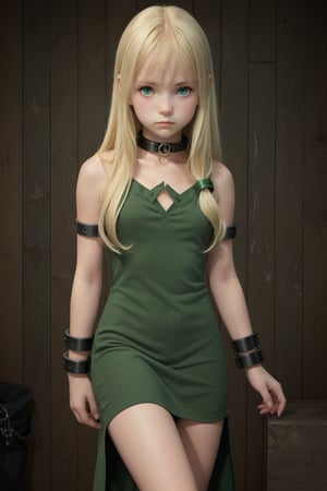 Lovely cute young attractive russian girl, 12 years old, cute model, long blond_green short torn dress, good fit body, slave, slave collar, wrist_cuffs 

