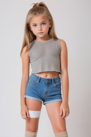 Maria, 11-year-old girl, gorgeous, young girl with very light brown straight hair and blue eyes. Crop top, (tight, high cut denim shorts, camel toe).bare legs,shoulder,arms,midriff, full body shot,head to toe,white ankle socks,looking seductive as she poses for a photo shoot,perfect body,no deformaties,more detail XL, scenery: girl bed room, cuddly pussy toys