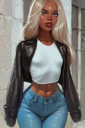 score_9 , score_7_up, 1girl, solo, blue eyes, dark skinned, thick lips, flat chest, wooly jacket, T-shirt,  jeans, tiny waist, wide hips, looking at viewer, tag1 ,  Vu33