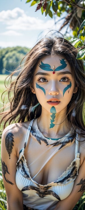 A striking portrait: A confident woman, dressed in a vibrant summer ensemble, stands majestically on an open grassland bathed in soft, warm light. Her eyes blaze with inner fortitude as she gazes steadfastly at a majestic goshawk soaring effortlessly into the sky, its piercing gaze mirroring her unyielding spirit and unwavering determination. The natural landscape behind her serves as a poignant backdrop, emphasizing the powerful synergy between the woman's indomitable will and the free-spirited bird, symbolizing strength, freedom, and resilience.,Owl,Bird,Animal