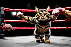 A feline fighter stands proudly in a boxing ring, its whiskers twitching as it squares off against a formidable opponent. Muscular arms flexed, the cat's eyes gleam with a spooky intensity, its fur fluffed in a fierce determination to win. The ringside lights cast a dramatic glow on the scene, highlighting every rippling muscle and sharp claw.