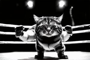 A feline fighter stands proudly in a boxing ring, its whiskers twitching as it squares off against a formidable opponent. Muscular arms flexed, the cat's eyes gleam with a spooky intensity, its fur fluffed in a fierce determination to win. The ringside lights cast a dramatic glow on the scene, highlighting every rippling muscle and sharp claw.