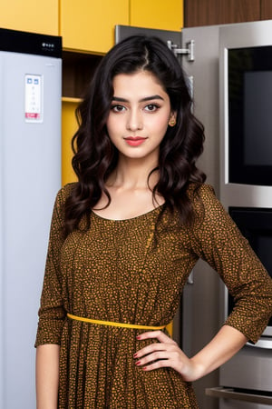 Indian girl, 20 years old, wearing black kurti with yellow frocks, standing, realistic background, TV and refrigerator in background,
Looking like a realistic Indian girl
Her eyes looking beautiful ,hair looking black 
And long With Pretty pose like an Actress, fine hair, normal position hands