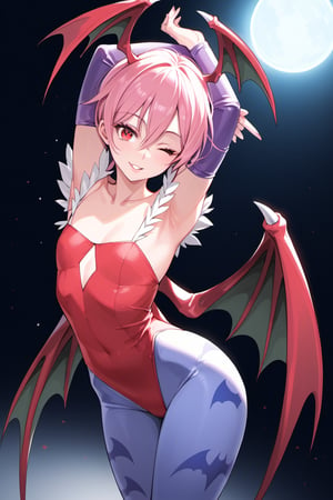 1girl, solo, smile,mature female,score_9,dynamic angle,looking_at_viewer,
flat chest,stage, leaning forward, hand on hip,wink,lilith,pink hair,shot hair,red eyes,wings,head wings,flat chest
clothes:leotard,bat print,print pantyhose, stretching,arms up