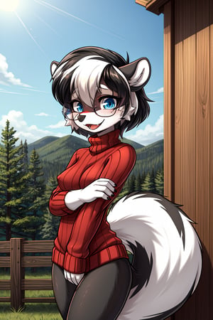 Highly detailed, illustration, animation, 2d, best quality, 4k, masterpiece: 1.2, high resolution, ultra detailed, detailed, classic beauty, beautiful and perfect eyes, furry, detailed illustration, furry drawing, (medium shot) young skunk girl , black and white fur, black pompadour, black hair around the eyes, small breasts, beautiful body, has a large skunk tail with a black and white stripe. She wears glasses, a red sweater with a turtleneck, she doesn't wear pants. She has a funny attitude, she is in a funny pose, she looks at the viewer, she is leaning against a fence, next to her there is a young and strong wolf, who hugs her, in the background of her you can see the coniferous forest.