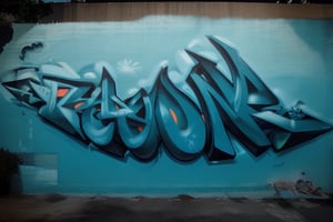 A neon-lit urban alleyway at dusk, with a 3D graffiti mural of bold, stylized letters 'JAHZ' standing out from the dark gray concrete wall. Strong shadows cast a moody atmosphere, as vibrant hues of blue and green seem to pulse from within. The word JAHZ appears to leap off the surface, its depth and texture drawing the viewer's eye.,graffiti 3d,Graffiti 3D