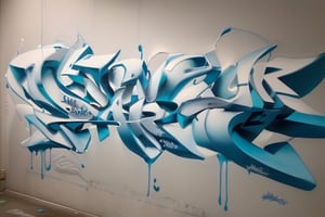 A photorealistic close-up on a textured wall, capturing the intricate details of the word 'JAHZ' in wildstyle graffiti. The neon colors - white, lemon green, blue sky, gray, and black - blend seamlessly, creating an illusion of movement and energy. The perspective distorts the letters, making them appear larger at the bottom. Abstract paint splatters and drips form a dynamic background.,3D,graffiti 3d,Graffiti 3D