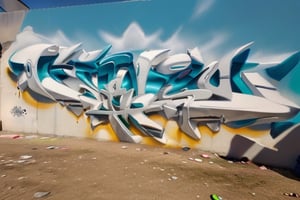 "A close-up of the word JAHZ in hyper-realistic 3D graffiti. The letters, in wildstyle style, colors: white, lemon green, blue sky, gray and black, seem to come out of the wall, with a perspective that makes them appear larger at the bottom. The neon colors mix and blur, creating an effect of energy and movement. Abstract background with paint splashes and drips.",photorealistic,Graffiti 3D,graffiti 3d