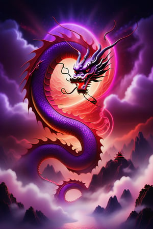 A Chinese dragon flies in the nine heavens, with red light and purple energy coming from the east. Majestic.