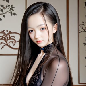 A young, beautiful, and noble Chinese lady with high heels, black stockings, and riverside Hanfu, portrait photography