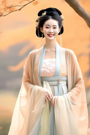 A beautiful young Chinese woman, alone, smiling at the viewer, with black hair, she is wearing a standard silk Ming Dynasty Hanfu, which looks gorgeous and high-end, jewelry, earrings, standing, medium distance, hair blowing in the breeze, autumn background, garden, dawn, dynamic angle, high definition, upper body, realistic facial expressions, exquisite details, slender waist, delicate eyelashes, realistic and delicate hands and fingers, exquisite and delicate face, (exquisite eyes: 1.3), (perfect hands: 1.5), (medium chest: 1.4),hanfu