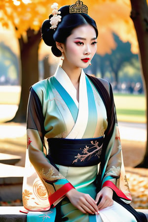 The young Chinese woman exudes a vibrant aura, her features delicate and her stature elegant. Her black hair is styled in a traditional bun, adorned with a subtle hairpin that glimmers in the sunlight. Her complexion is porcelain-smooth, radiating a youthful glow under the canopy of trees in the park.She is dressed in a luxurious Hanfu, its intricate patterns and rich colors accentuating her slender frame. The flowing silk fabric swirls around her with each graceful step, embodying a blend of ancient elegance and modern flair. Completing her attire are high heels that add sophistication to her ensemble, complemented by sheer stockings that highlight the contours of her legs as she walks with poise and grace through the park.