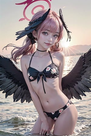 1girl, koharu \(blue archive\), twintails, halo, head wings, hair bow, low wings, floral print bikini, flat chest, bodypaint, barefoot, hand in own hair, looking at viewer, blush, shy, light smile, sunset, lens flare, backlighting, floating hair