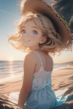 Masterpiece, beautiful and aesthetic, HDR, high contrast, raw photo, best quality, high contrast, (vibrant colors), (subdued colors), (from behind), 1girl(21, American girl, Caucasian,sharp features, average frame, long dark sandy-blonde hair,blue eyes, cute full face, happy smile, full cheeks, 80s hairdo, medium height, sundress, straw sunhat),sitting on a cancun beach watching the sunset, summer , high-quality, digital photography, 8k, single light source ,cinematic lighting, ambient lighting, sidelight, exquisite details and textures, high details, detailed, texture mapping, more detailed, (lace tones:1.2),pastel tone