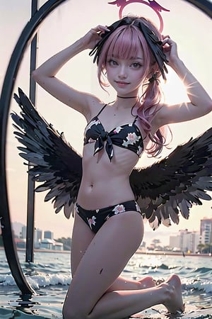 1girl, koharu \(blue archive\), twintails, halo, head wings, hair bow, low wings, floral print bikini, flat chest, bodypaint, barefoot, hand in own hair, looking at viewer, blush, shy, light smile, sunset, lens flare, backlighting, floating hair, pink hair