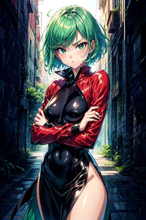 TatsumakiOPM, Green eyes, green hair, short hair, Beautiful, elegant, cowboy shot, crossed arm, pout expression, black tight clothes, long sleeves, random background, (masterpiece:1.3), (vibrant:1.2), best quality, cinematic