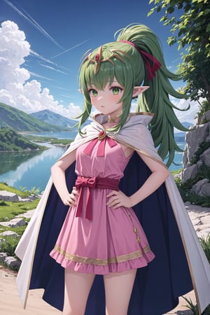 1girl, green hair, pointy ears, long hair, ponytail, green eyes, solo, tiara, pink dress, dress, jewelry, hair ornament, standing, hand on hip, mature female, cape ,(masterpiece),scenery