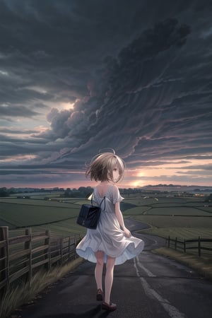 score_9, score_8_up, masterpiece, detailed 3/4 from behind image of 1girl(short brown hair blown in the wind, brushing the hair out of eyes, cute, look of concern on her face, looking away from the viewer towards the dark clouds, wearing a light-colored sundress that is blowing in the wind) standing on the porch of an old house, (looking away from the viewer), watching an approaching thunderstorm. Dark clouds, ominous atmosphere, windy, highly detailed. Background is a stormy countryside, rural environment, rustic feeling.