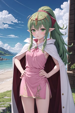 1girl, green hair, pointy ears, long hair, ponytail, green eyes, solo, tiara, pink dress, dress, jewelry, hair ornament, standing, hand on hip, cape ,(masterpiece),scenery