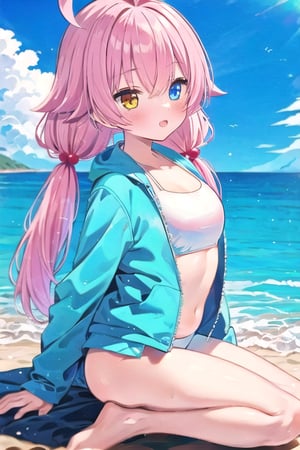 Hoshino summer, hair_bobbles, ahoge, heterochromia, hoshino takanashi, white frilled bikini, twintails, from side, beach, light blue jacket