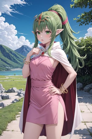 1girl, green hair, pointy ears, long hair, ponytail, green eyes, solo, tiara, pink dress, dress, jewelry, hair ornament, standing, hand on hip, mature female, cape ,(masterpiece),scenery