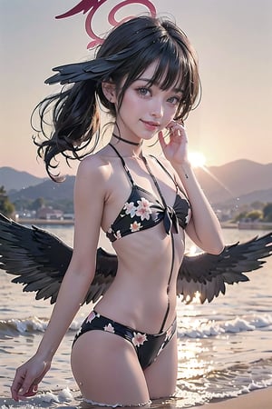 1girl, koharu \(blue archive\), twintails, halo, head wings, hair bow, low wings, floral print bikini, flat chest, bodypaint, barefoot, hand in own hair, looking at viewer, blush, shy, light smile, sunset, lens flare, backlighting, floating hair