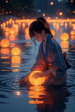 A serene scene unfolds: During a Toro Nagashi (灯籠流し)  festival, a girl in a traditional kimono kneels solemnly ((on a riverbank, out of the water)), her gentle hands releasing a lantern down into the gently flowing water. Softly lit by the warm glow, her face exudes contemplation amidst the Japanese patterned background. The simplicity of the setting is juxtaposed with the vibrant, floating lanterns drifting lazily across the river's surface, their soft luminescence casting a peaceful ambiance.