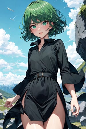 (masterpiece), best quality, high quality, expressive eyes, perfect face, looking at viewer, 1girl, solo, ((cowboy shot)), (((black dress))), long dress, green eyes, green hair, short hair, weavy hair, mountains, (flying stones), sky, tatsumaki