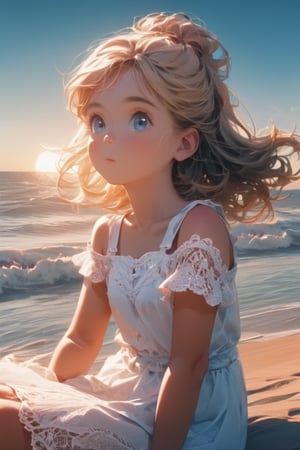 Masterpiece, beautiful and aesthetic, HDR, high contrast, raw photo, best quality, high contrast, (vibrant colors), (subdued colors), 1girl(21, American girl, Caucasian,sharp features, average frame, long dark sandy-blonde hair,blue eyes, cute full face, looking at the ocean with a serene expression, full cheeks, 80s hairdo, medium height, sundress),sitting on a cancun beach watching the sunset, summer , high-quality, digital photography, 8k, single light source ,cinematic lighting, ambient lighting, sidelight, exquisite details and textures, high details, detailed, texture mapping, more detailed, (lace tones:1.2),pastel tone