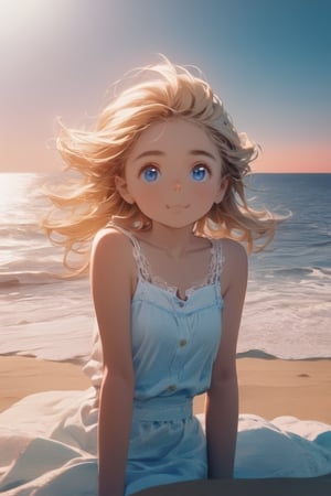 Masterpiece, beautiful and aesthetic, HDR, high contrast, raw photo, best quality, high contrast, (vibrant colors), (subdued colors), 1girl(21, American girl, Caucasian,sharp features, average frame, long dark sandy-blonde hair,blue eyes, cute full face, looking at the ocean with a serene expression, full cheeks, 80s hairdo, medium height, sundress),sitting on a cancun beach watching the sunset, summer , high-quality, digital photography, 8k, single light source ,cinematic lighting, ambient lighting, sidelight, exquisite details and textures, high details, detailed, texture mapping, more detailed, (lace tones:1.2),pastel tone