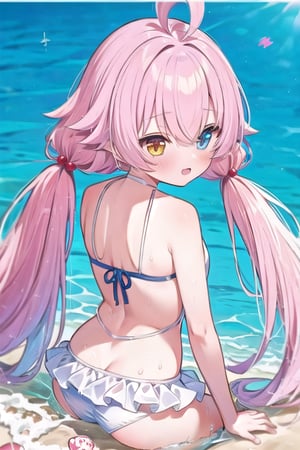 Hoshino summer, hair_bobbles, ahoge, heterochromia, hoshino takanashi, white frilled bikini, twintails, from behind, beach