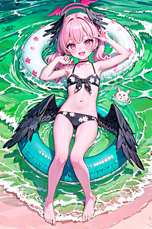 1girl, koharu \(blue archive\), twintails, halo, head wings, hair bow, low wings, floral print bikini, flat chest, barefoot, bodypaint, full body, innertube, floating, ocean, from above, lying, looking looking at viewer, smile, open mouth