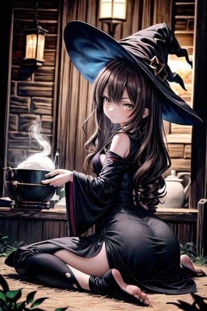 score_9, score_8_up, hi-res, 8k, anime style. Full body portrait of a witch and her familiar: An intricately detailed witch (1girl, long black curly hair, witch's hat and ornate witch's robes, dissatisfied look on her face, arched eyebrow, deep brown eyes, detailed cute face) . ((She is looking down at a (small malformed but cute creature ) sitting at her feet looking back up at her adoringly)). Background is a cozy cottage with a bubbling cauldron.
,(masterpiece),scenery