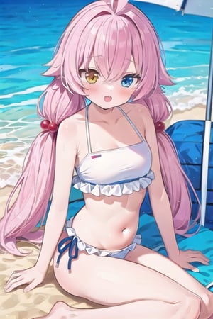 Hoshino summer, hair_bobbles, ahoge, heterochromia, hoshino takanashi, white frilled bikini, twintails, from side, beach