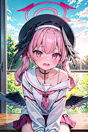 1girl, koharu \(blue archive\), twintails, halo, beret, head wings, low wings, pleated miniskirt, sleeves past wrists, sailor shirt, pink neckerchief, off shoulder, sitting on desk, looking at viewer, gasping, ecstasy, blush, wavy mouth, sunset, classroom, window, backlighting, depth of field,