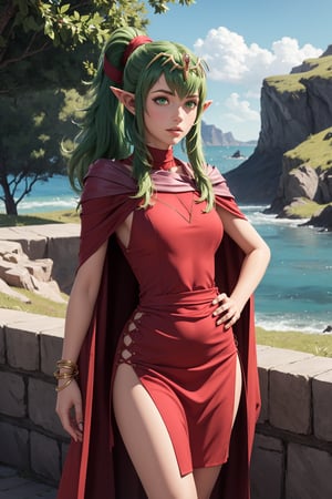 1girl, green hair, pointy ears, long hair, ponytail, green eyes, solo, tiara, pink dress, dress, jewelry, hair ornament, standing, hand on hip, cape ,(masterpiece),scenery