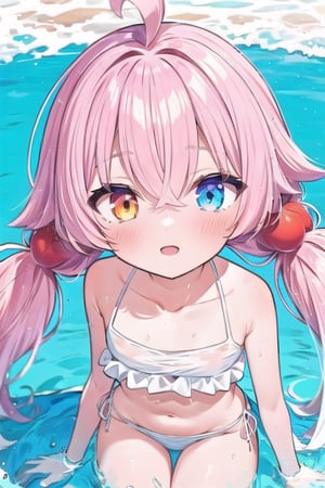 Hoshino summer, hair_bobbles, ahoge, heterochromia, hoshino takanashi, white frilled bikini, twintails