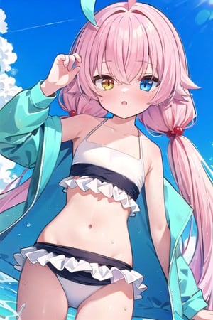 Hoshino summer, hair_bobbles, ahoge, heterochromia, hoshino takanashi, white frilled bikini, twintails, blue light jacket