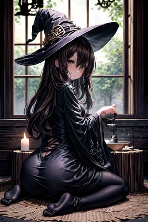 score_9, score_8_up, hi-res, 8k, anime style. Full body portrait of a witch and her familiar: An intricately detailed witch (1girl, long black curly hair, witch's hat and ornate witch's robes, dissatisfied look on her face, arched eyebrow, deep brown eyes, detailed cute face) . ((She is looking down at a (small malformed but cute creature ) sitting at her feet looking back up at her adoringly)). Background is a cozy cottage with a bubbling cauldron.
,(masterpiece),scenery