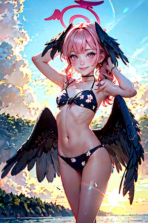 1girl, koharu \(blue archive\), twintails, halo, head wings, hair bow, low wings, floral print bikini, flat chest, bodypaint, barefoot, hand in own hair, looking at viewer, blush, shy, light smile, sunset, lens flare, backlighting, floating hair