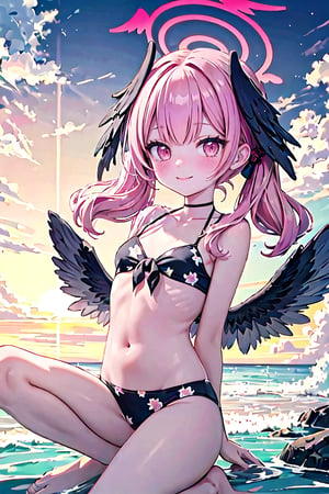 1girl, koharu \(blue archive\), twintails, halo, head wings, hair bow, low wings, floral print bikini, flat chest, bodypaint, barefoot, hand in own hair, looking at viewer, blush, shy, light smile, sunset, lens flare, backlighting, floating hair