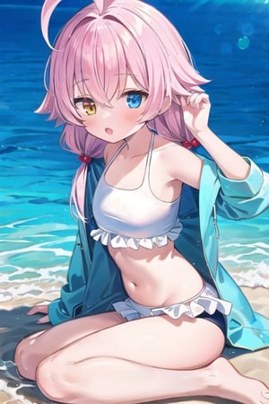 Hoshino summer, hair_bobbles, ahoge, heterochromia, hoshino takanashi, white frilled bikini, twintails, from side, beach, light blue jacket