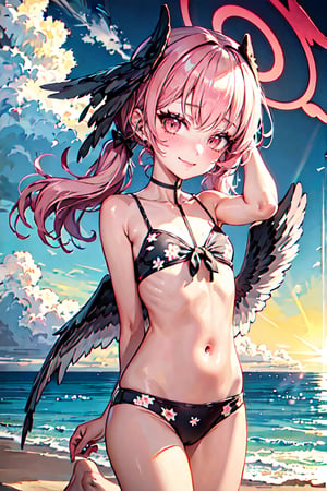 1girl, koharu \(blue archive\), twintails, halo, head wings, hair bow, low wings, floral print bikini, flat chest, bodypaint, barefoot, hand in own hair, looking at viewer, blush, shy, light smile, sunset, lens flare, backlighting, floating hair