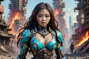 MASTERPICE (masterpiece, best quality, ultra-detailed, beautiful, nai3) ((ROBOT)) HUMANOID (HUMAN HEAD, BEUTY ASIAN WOMAN, ROBOT BODY, LONG HAIR, ULTRA DETAI, 4K, FULL BODY, HOLDING LONG KATANA, WAS IN A CITY THAT HAD BEEN DESTROYED,PERFECT FOOT
, WITH MANY EXPLOSIONS,PROVIDE A BRIGHTLY COLORED ATMOSPHERE, LOTS OF BRIGHT COLORS,  MANY HUMAN BODIES ARE LYING, ((FIRE RAINS DOWN FROM THE SKY))