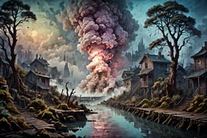 style of (Hokusai, Jeremiah Ketner, Kim Keever, John Atkinson Grimshaw) post apocalyptic ,gothic, horror ,darkpunk dark wood, abandoned port , steam fog smoke 16k IMAX photograph, vivid colours
