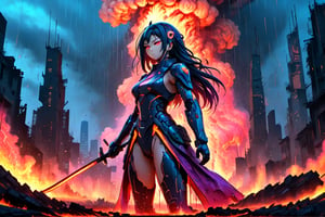 MASTERPICE ((ROBOT)) HUMANOID (HUMAN HEAD, BEUTY ASIAN WOMAN, ROBOT BODY, LONG HAIR, ULTRA DETAI, 4K, BATHED IN HOT LAVA, FULL BODY, HOLDING LONG KATANA, WAS IN A CITY THAT HAD BEEN DESTROYED, WITH MANY EXPLOSIONS,PROVIDE A BRIGHTLY COLORED ATMOSPHERE, LOTS OF BRIGHT COLORS,  MANY HUMAN BODIES ARE LYING, ((FIRE RAINS DOWN FROM THE SKY))